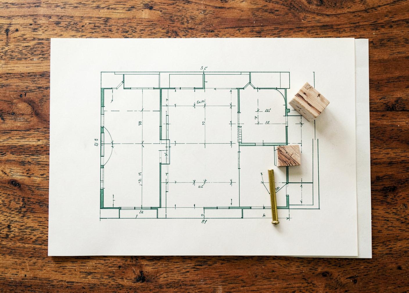 Plan drawing on a teak table with stone and timber samples