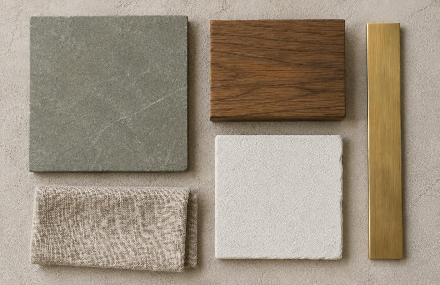 Kota stone, teak and brass details laid out on a workbench